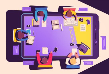 Akıllı telefon masasında takım çalışması. İş işbirliği konsepti. Karikatür vektör illüstrasyon