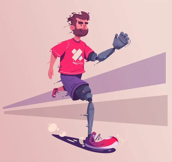O homem com uma prótese está a funcionar. Conceito desportivo. Desenhos animados ilustração vetorial . — Vetor de Stock