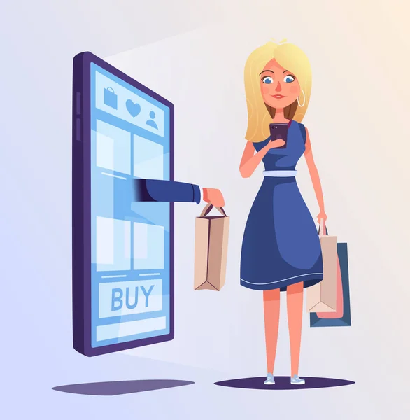 Compras en línea. Hermoso diseño de personaje chica. Dibujos animados vector ilustración — Vector de stock