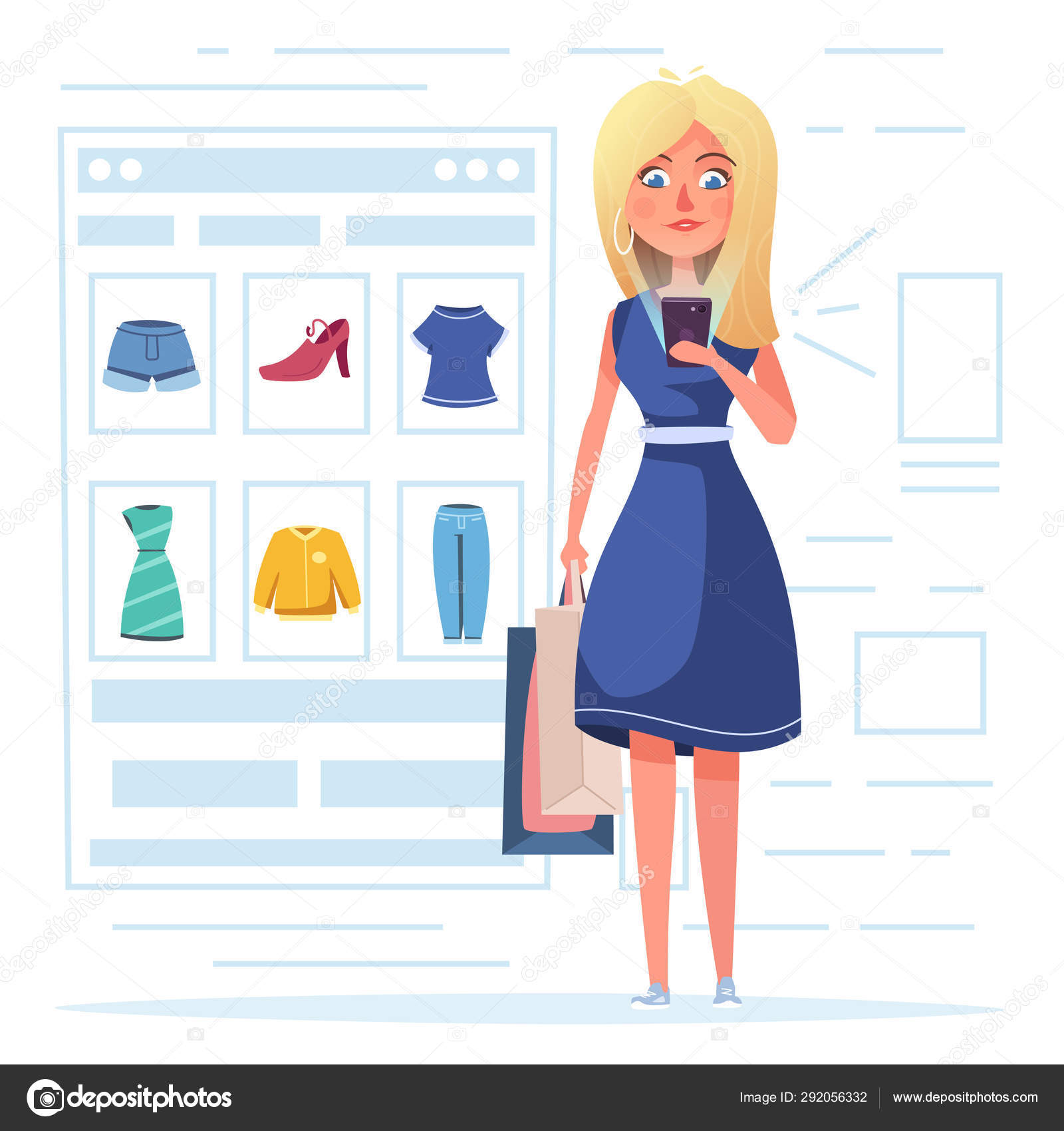 Online shopping. Beautiful girl character design. Cartoon vector  illustration Stock Vector Image by ©dmitrymoi #292056332