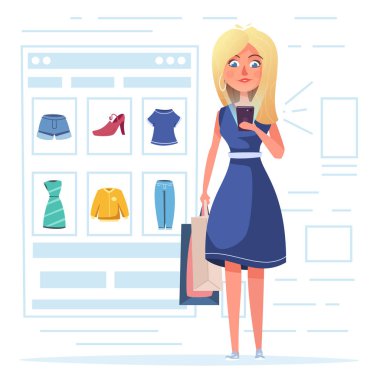 Online alışveriş. Güzel kız karakter tasarımı. Karikatür vektör illüstrasyon