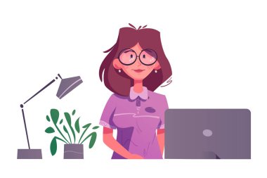 Resepsiyon. Otel resepsiyonisti karakteri. Karikatür vektör illüstrasyon.