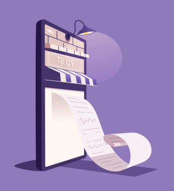 Online kontrol. Büyük Smartphone kapı ile internet dükkanı dönüştü. Karikatür vektör illüstrasyon