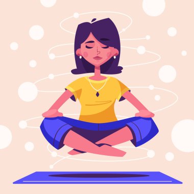 Vücut, zihin ve duygular için Meditasyon sağlık yararları. Karikatür vektör illüstrasyon