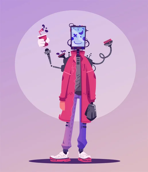 Cyborg character design. Robot with a pet. Cartoon vector illustration — Stock Vector