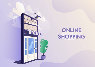 Online alışveriş. Büyük Smartphone kapı ile internet dükkanı dönüştü. Karikatür vektör illüstrasyon