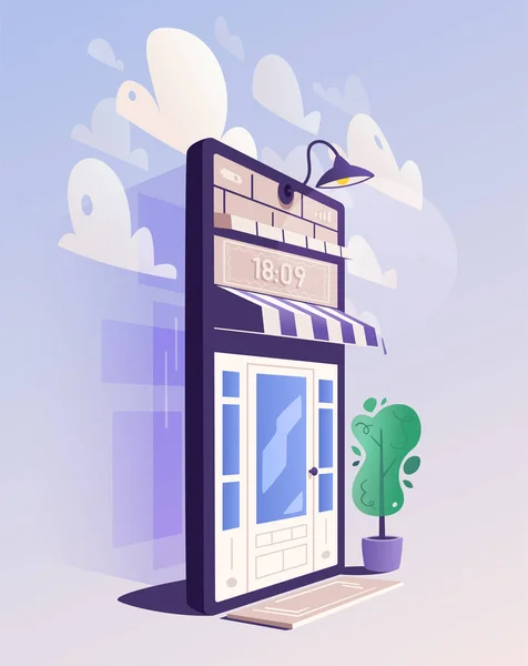 Compras en línea. Gran smartphone convertido en tienda de Internet con puerta. Dibujos animados vector ilustración — Archivo Imágenes Vectoriales