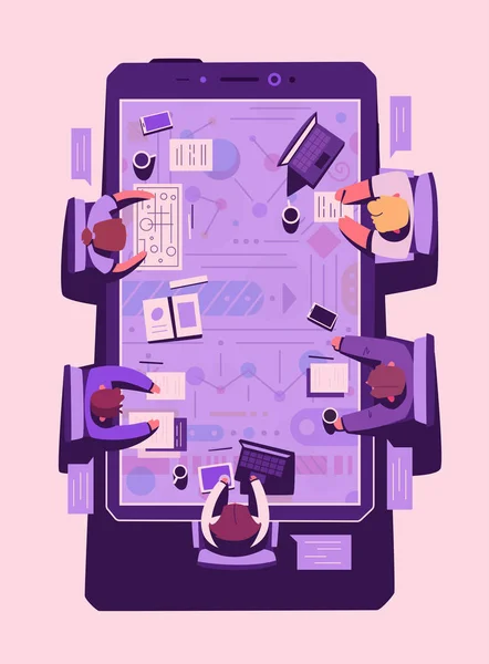 Trabalho em equipe na mesa do smartphone. Conceito de coworking. Desenhos animados ilustração vetorial — Vetor de Stock