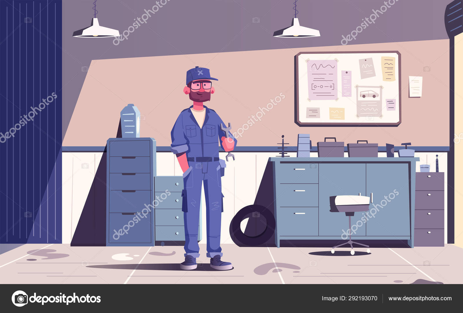Car repair shop. Cartoon vector illustration. Garage indoor. Mechanic  character design Stock Vector Image by ©dmitrymoi #292193070