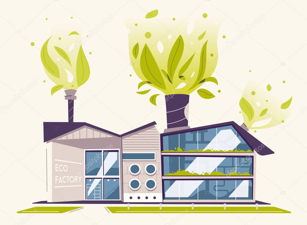 Modern green eco factory building. Cartoon vector illustration