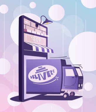 Online teslimat. Büyük akıllı telefon kapılı internet mağazasına dönüştü. Karikatür vektör illüstrasyon