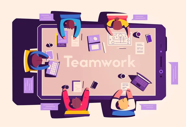 Trabajo en equipo en el escritorio del smartphone. Concepto de coworking. Dibujos animados vector ilustración — Vector de stock