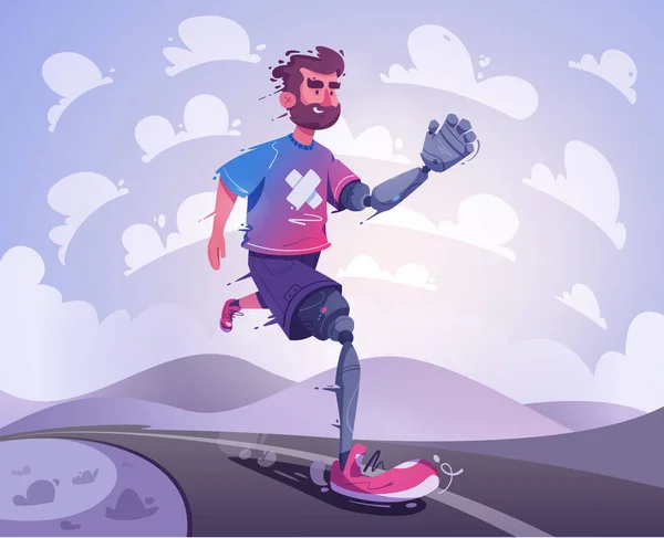 Muž s protézou běží. Sportovní koncept. Kreslená vektorová ilustrace. — Stockový vektor
