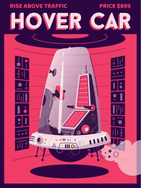 Hover araba düz vektör poster şablonu. Vektör karikatür illüstrasyon
