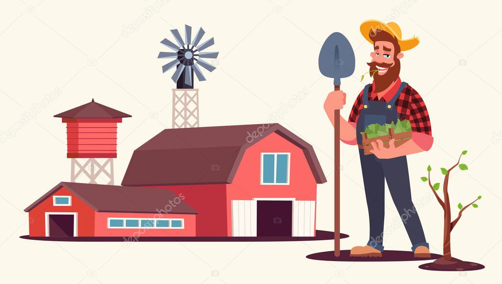 Spring seasonal work on farm flat vector illustration