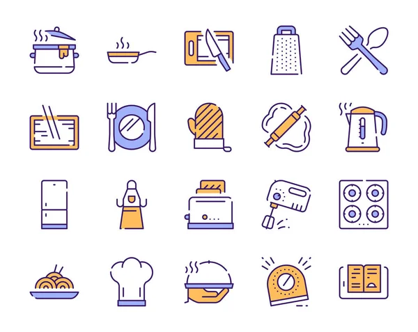 Accessoires de cuisine couleur jaune icônes linéaires ensemble — Image vectorielle