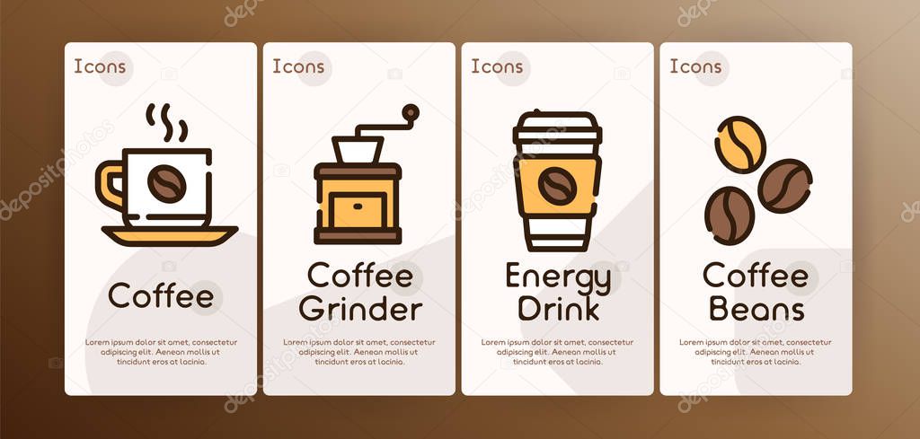 Natural coffee color linear icons set