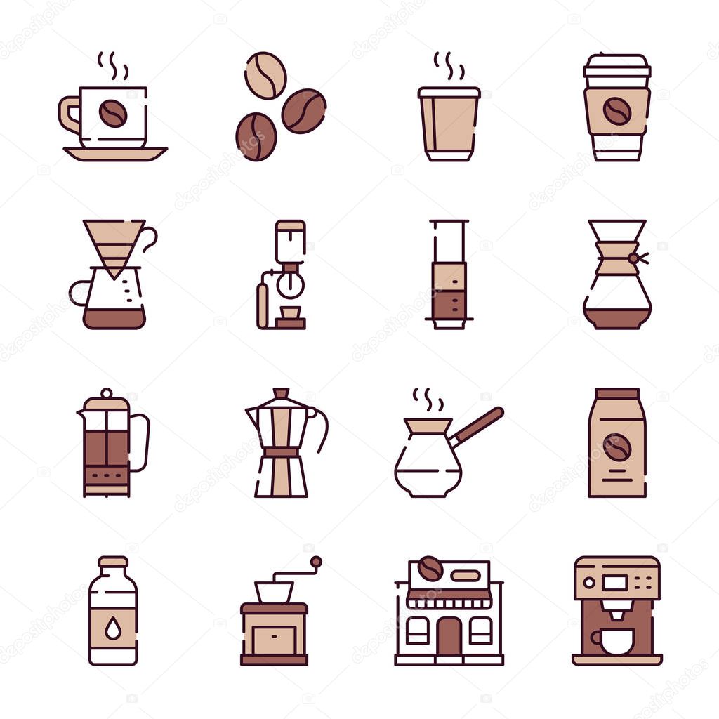 Natural coffee color linear icons set