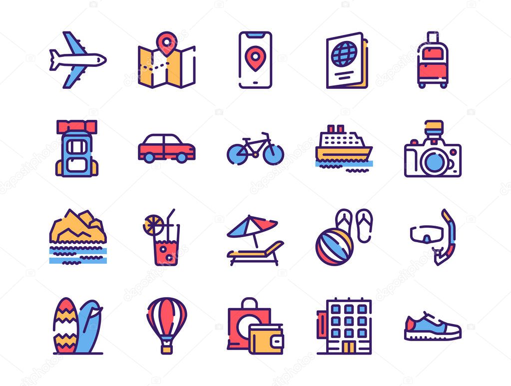 Travel linear vector icons set. Summer vacation, holiday and beach resort. Tourist items thin line illustrations. Airplane, suitcase, passport contour symbols. Tourism isolated outline drawing