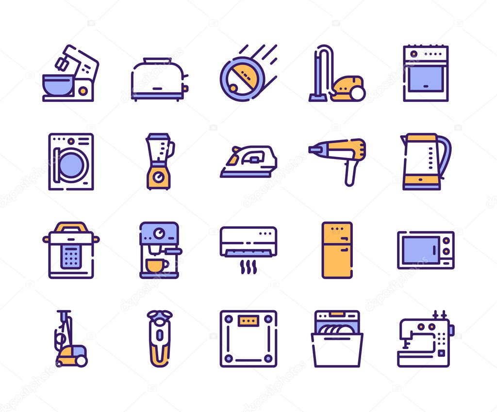 Household appliance linear icons set. Home and kitchen electronic devices outline illustrations pack. Dishwasher, vacuum cleaner, oven. Domestic technology, equipment isolated symbols