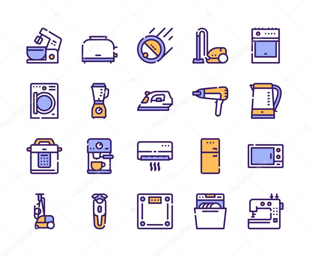 Household appliance linear icons set