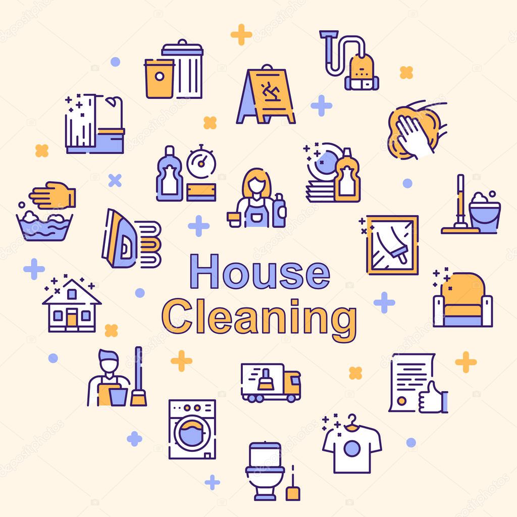 Cleaning service linear icons set. Housekeeping items. Kitchen and bathroom cleaning products isolated outline symbols. Laundry, dishwashing. Household chores. Housework color thin line illustrations