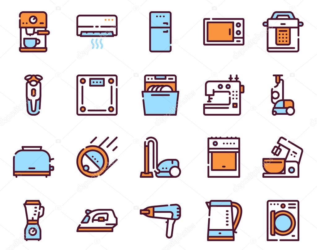 Household appliance linear icons set. Home and kitchen electronic devices outline illustrations pack. Dishwasher, vacuum cleaner, oven. Domestic technology, equipment isolated symbols
