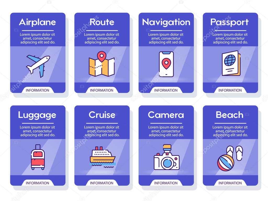 Travel linear vector icons set. Summer vacation, holiday and beach resort. Tourist items thin line illustrations. Airplane, suitcase, passport contour symbols. Tourism isolated outline drawing