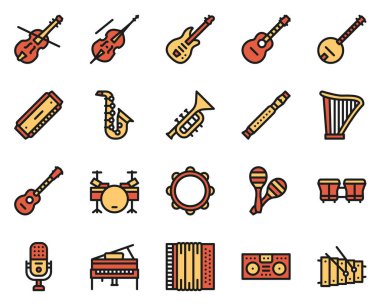 Müzisyen ekipman renkli doğrusal simgeler seti