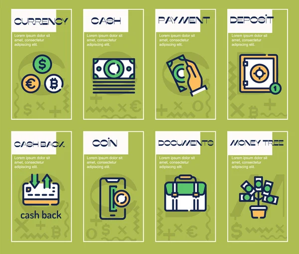 Finances management green color linear icons set