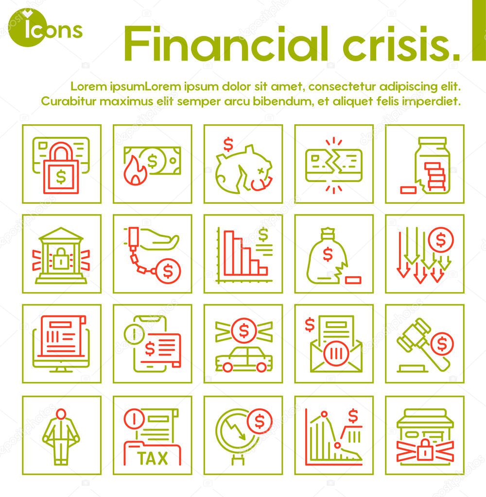 Vector linear icon of financial crisis, economy risk banner set