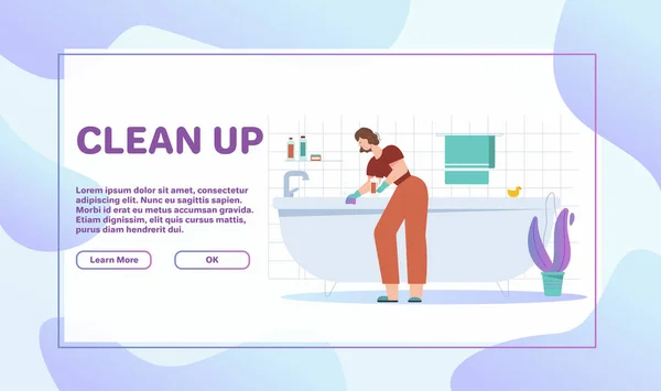 Femme lave baignoire, salle de bain de nettoyage, mode de vie quotidien de routine — Image vectorielle