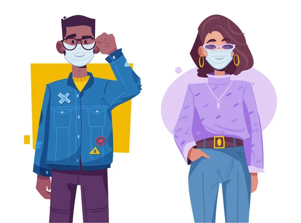 Mladý hipster muž a žena nosí lékařské ochranné masky — Stockový vektor