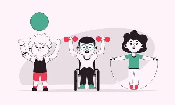 Zdravotně postižené děti dělají sportovní cvičení s činkami, míčem, skákacím lanem — Stockový vektor