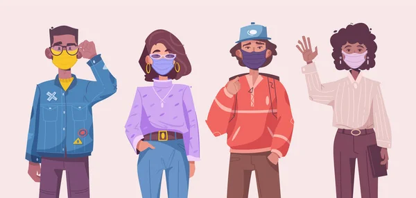 Młody hipster mężczyzna i kobieta w medycznych maskach ochronnych — Wektor stockowy