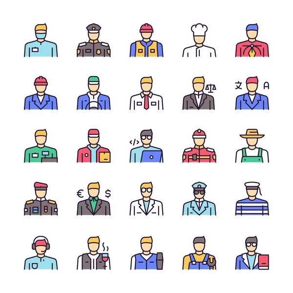 Vektor färg linjär ikon uppsättning arbetare män objekt — Stock vektor