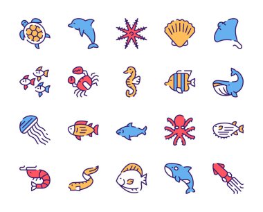 Deniz canlısı nesnelerin vektör renk doğrusal simgesi