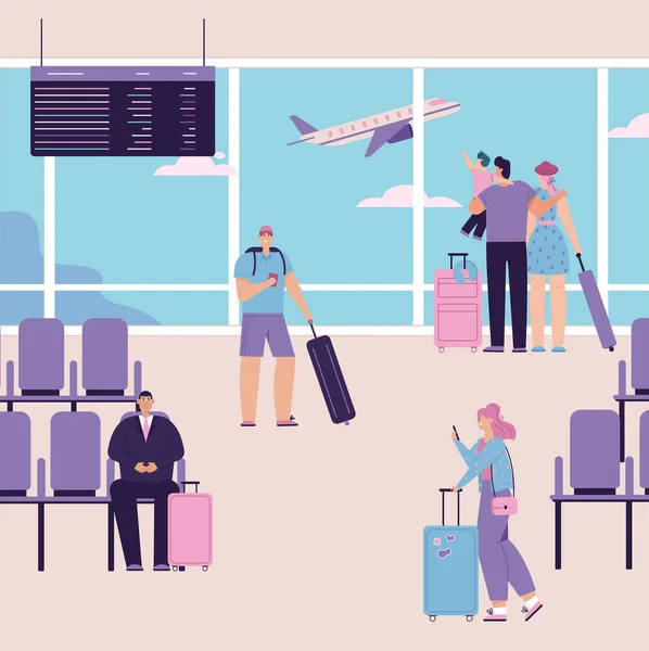 Ilustración de personajes vectoriales de personas en la escena del aeropuerto — Vector de stock
