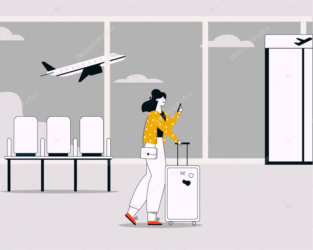 Vector linear illustration of woman with luggage walking in airport