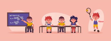 Okuldaki engelli çocukların vektör karakter çizimi