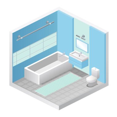 İzometrik görünümdeki banyo minimalist içinin vektör illüstrasyonu