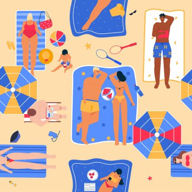 Mutlu insanlar plajda güneşleniyor. Üst manzarada, pürüzsüz bir desen.