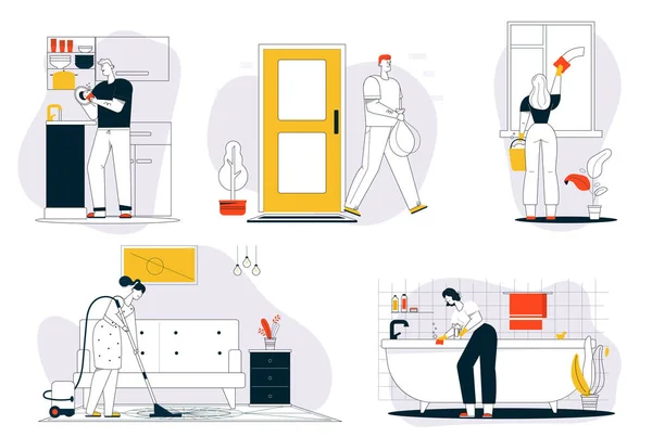 Personagem vetorial ilustração de limpeza de cenas de casa — Vetor de Stock