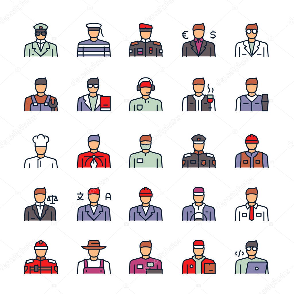 Vector color linear icon set of workers men objects