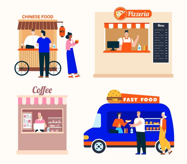 Takeaway υπηρεσία τροφίμων, σετ κινεζικών τροφίμων, πιτσαρία, καφετέρια, fast food van — Διανυσματικό Αρχείο
