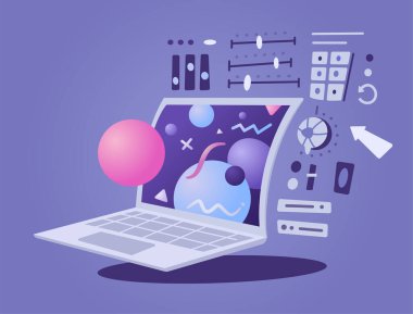Dizüstü bilgisayarın vektör illüstrasyonu, 3d modelleme, programlama