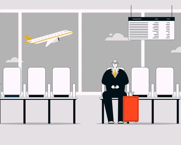Wektorowa liniowa ilustracja biznesmena siedzi na lotnisku — Wektor stockowy
