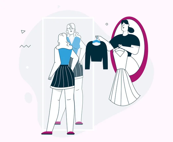 Ilustración de carácter lineal vectorial de Mujer compra ropa con estilista de moda — Vector de stock