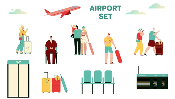 Vector illustratie van mensen op luchthaven terminal scene set — Stockvector