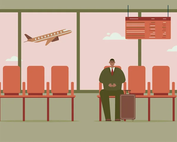 Homme d'affaires avec bagages est assis dans le terminal de l'aéroport — Image vectorielle